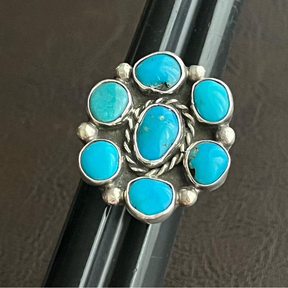Vintage signed Zuni large Turquoise and sterling silver cluster ring - Picture 8 of 14